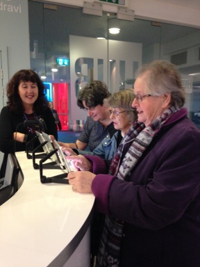 Heather, Maureen and Liz signing in at the University of Gloucestershire hub