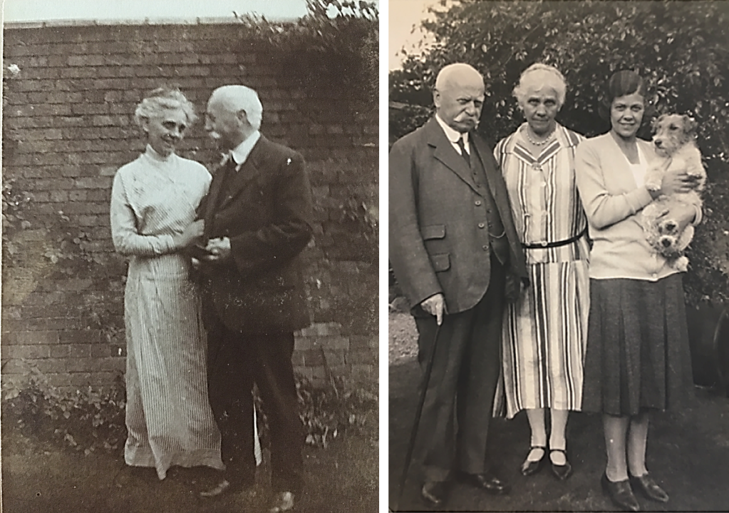 two black and white photographs, one of Mary and John Ridley and one of Mary, John and Cicely with a dog